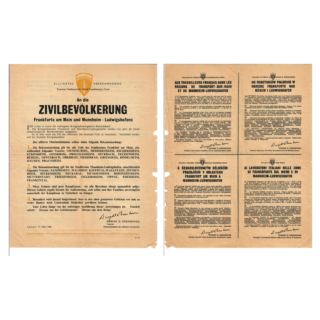 Original Allied WWII March 17, 1945 SHAEF Psychological Warfare Leaflet for Frankfurt and Mannheim-Ludwigshafen - General Dwight D. Eisenhower