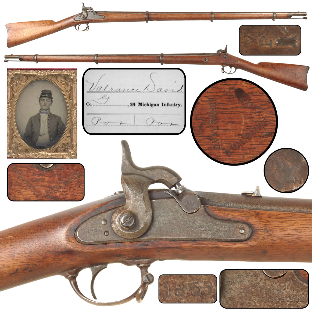 Original U.S. Civil War David Valrance, 24th Michigan Infantry Named Springfield Model 1863 Type I Rifled Musket, Dated 1863, Smoothbored