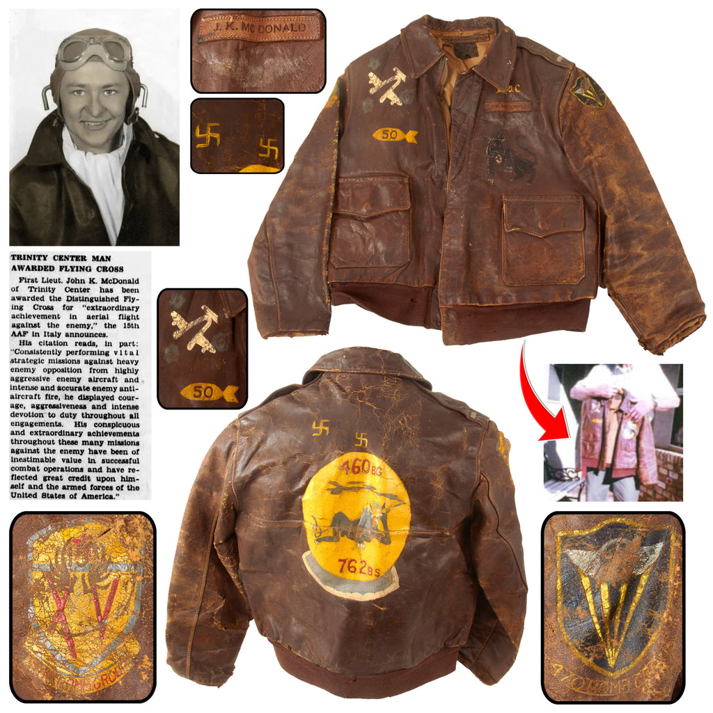 Original U.S. WWII Distinguished Flying Cross Recipient B-34 Pilot Lt. John “Jack” K. McDonald’s Painted A2 Flight Jacket - 50 Combat Missions, 762nd Bomb Squadron, 460th Bomb Group, 15th Air Force Original Items