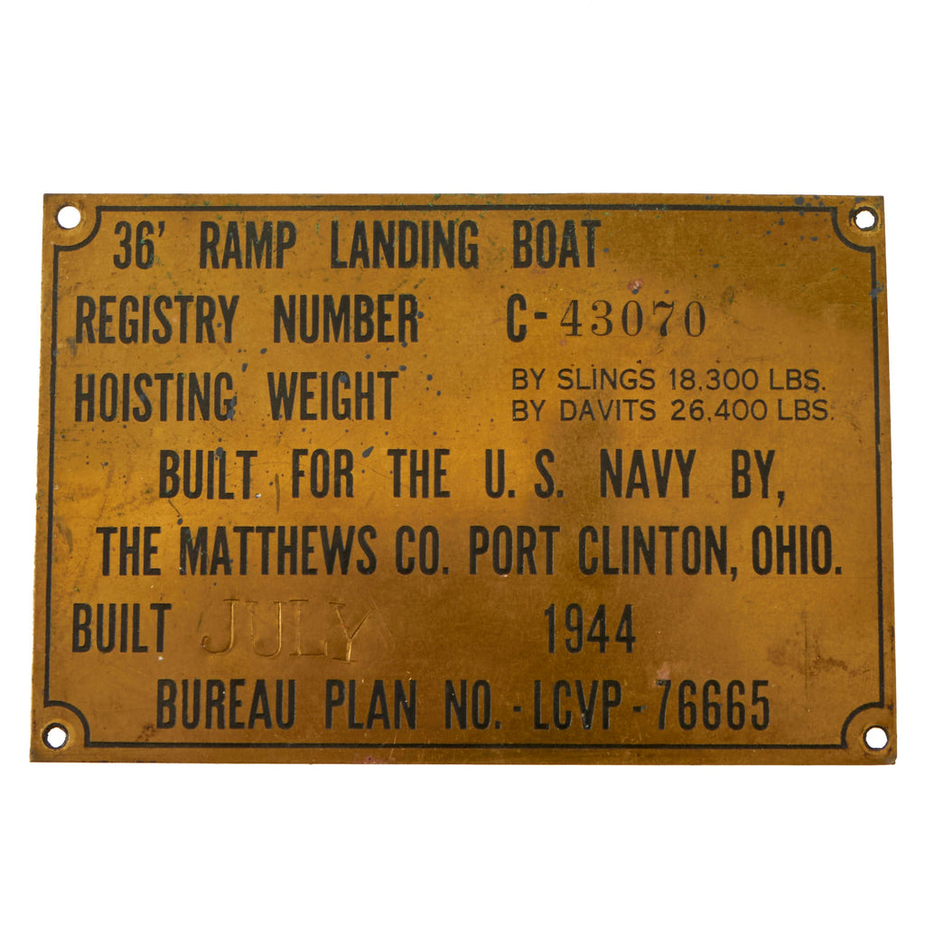 Original U.S. WWII 36’ Ramp Landing Boat Data Plate by the Matthews Company - Dated July 1944 Original Items