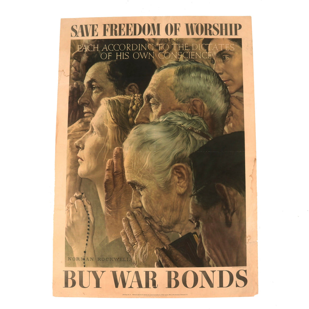 Original U.S. WWII “Save Freedom of Worship” War Bonds Propaganda Poster by Norman Rockwell - 20 x 28” Original Items