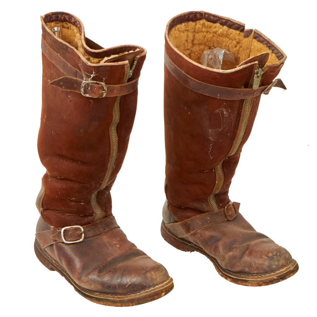 Original German WWII Luftwaffe Fleece-Lined Brown Leather Single-Zip Pilot Flying Boots Original Items