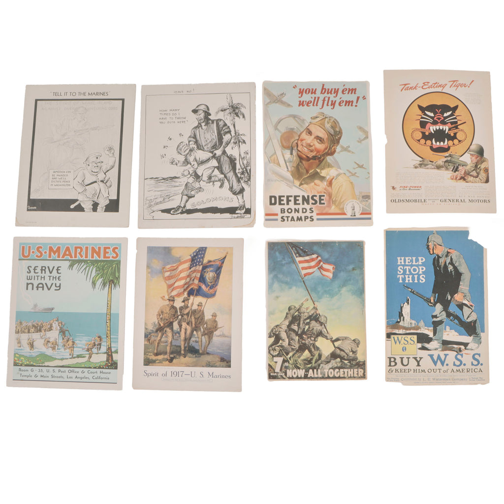 Original U.S. WWI to WWII Military Propaganda, Recruiting & War Bond Miniature Poster Collection - U.S. Marines, Iwo Jima & Home Front - Lot of 8