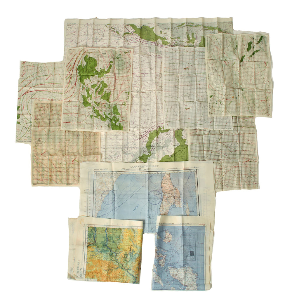 Original British WWII Royal Air Force Silk Evasion Map Lot - Set of 5 Original Items
