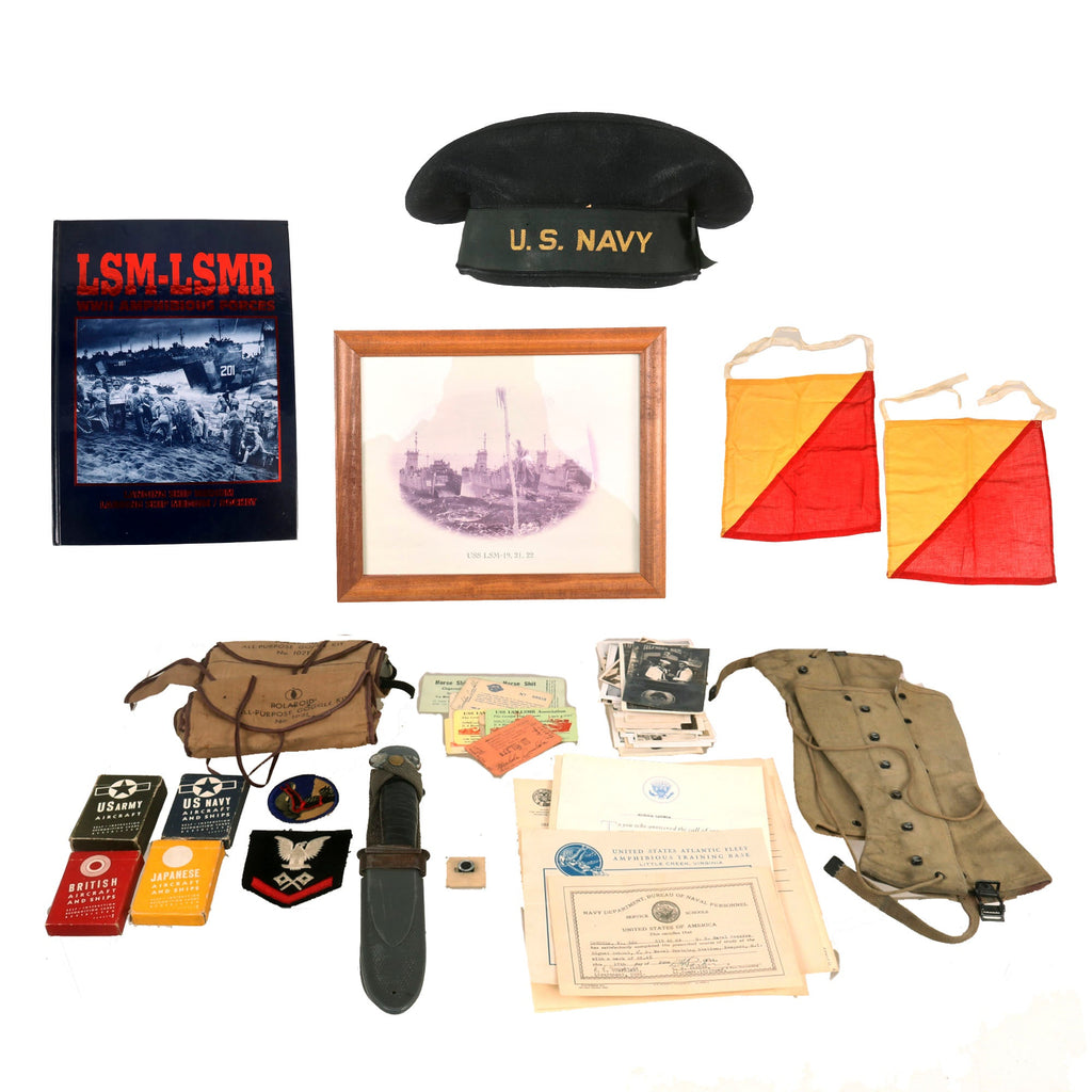 Original U.S. WWII Navy Amphibious LSM Mk.I Knife & Ephemera Grouping - Aircraft Recognition Card Sets & Photos Original Items
