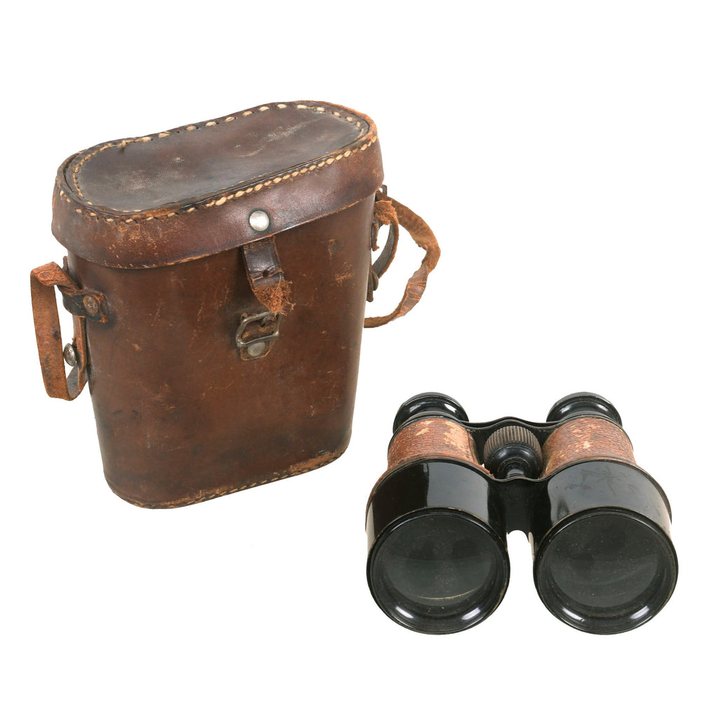 Original British WWI War Office Model Officers Leather Covered Binoculars with Leather Case Original Items