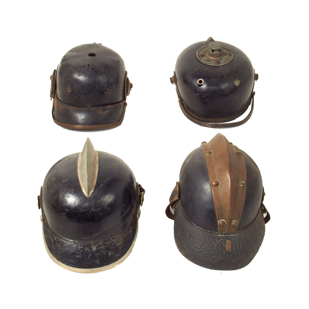 Original Imperial German Fire Brigade Leather Pickelhaube "As Found" Helmet Lot - 4 Items Original Items