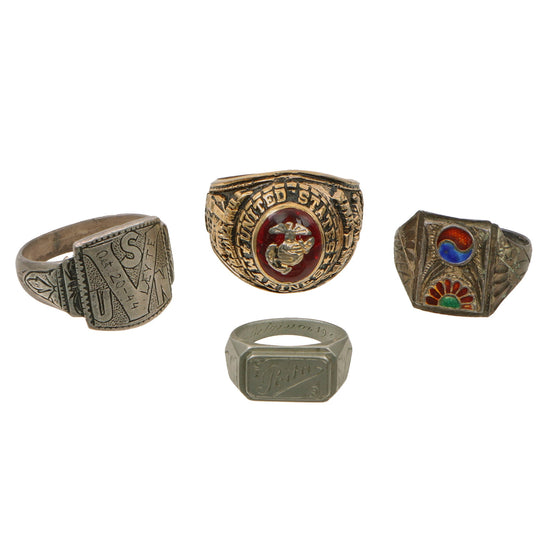 Original U.S. WWII and Korean War Souvenir Ring Set - USMC Iwo Jima, USN Leyte, Rita, Korea - Four Total Original Items