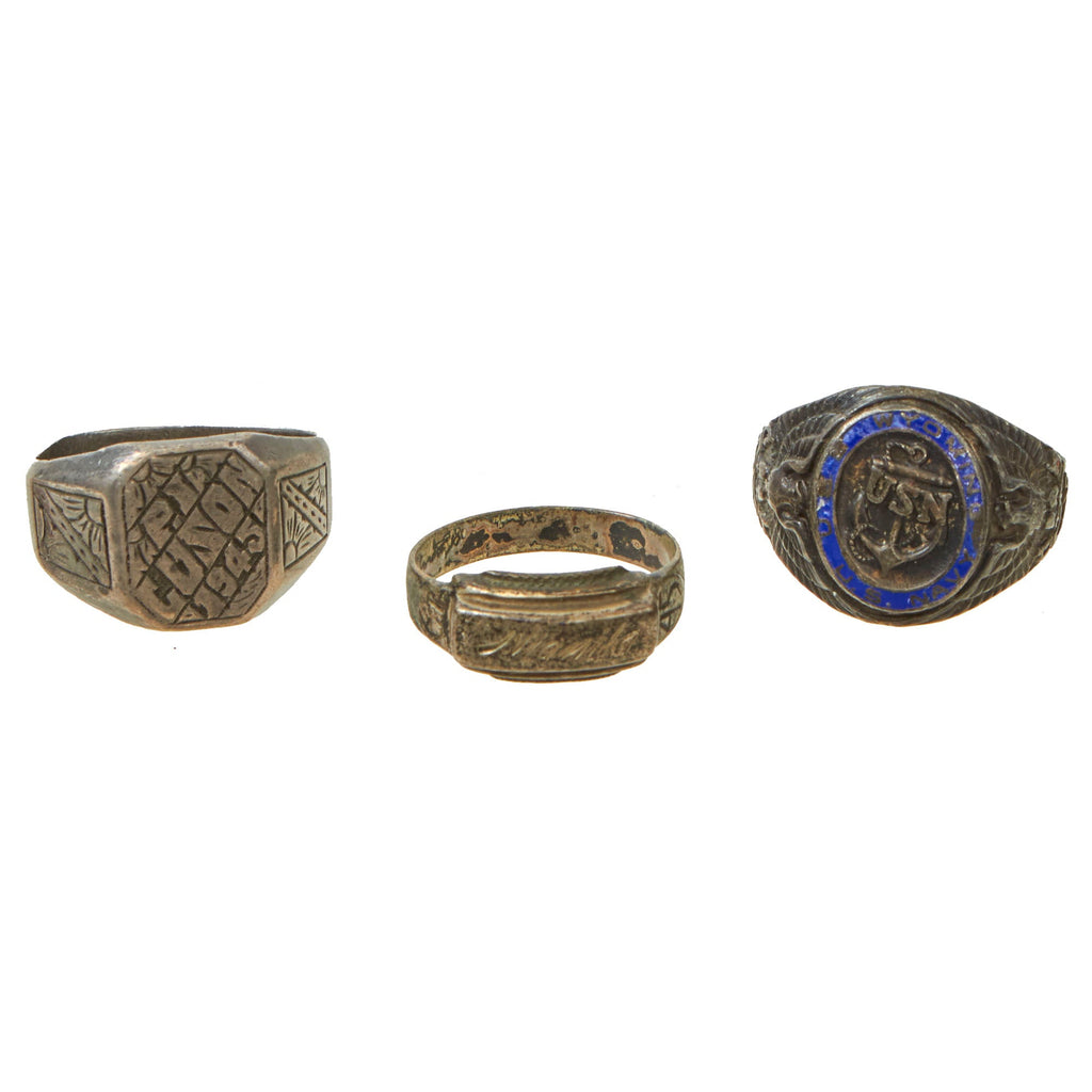 Original U.S. WWII “Pacific Theatre” Military Trench Art / Souvenir Ring Lot - 3 Rings (Sizes 9.5 and 10.5 US) Original Items