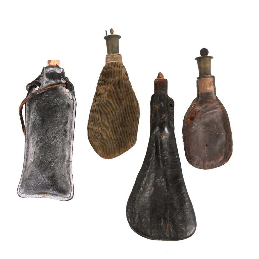 Original U.S. or British War of 1812 Era Shot Bags of Leather & Corduroy with Irish Stoppers - Lot of Four Original Items