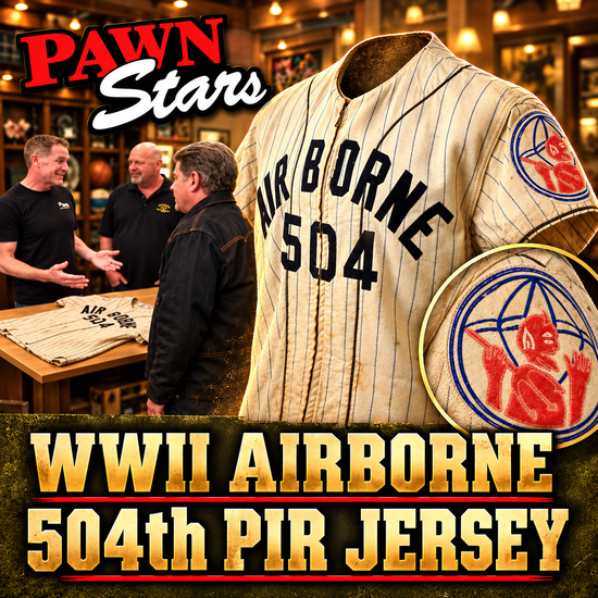 Original U.S. WWII Occupation Period Airborne Paratrooper 504th PIR Devils in Baggy Pants Wool Pinstripe Baseball Jersey Shirt with Rare Oversize Felt Regimental Patch - As Seen on Pawn Stars