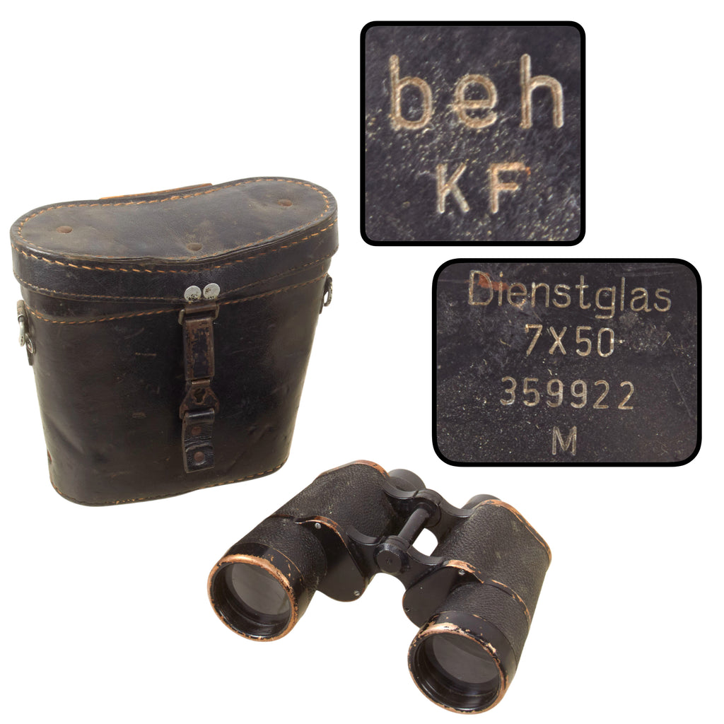 Original German WWII 7x50 Dienstglas Binoculars by Ernst Leitz (beh) with 1942 Dated Case by Walter Winkler of Schönwalderstrasse
