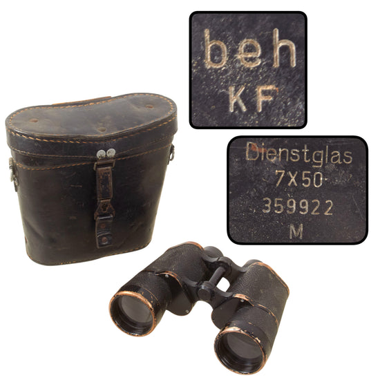 Original German WWII 7x50 Dienstglas Binoculars by Ernst Leitz (beh) with 1942 Dated Case by Walter Winkler of Schönwalderstrasse