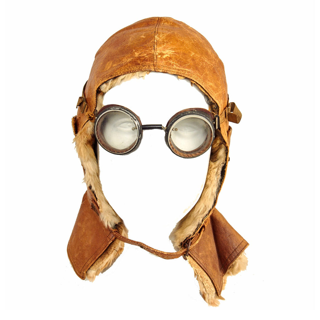Original Imperial German WWI Luftstreitkräfte DRGM Leather Rabbit Fur Lined Pilot Helmet With Goggles Original Items