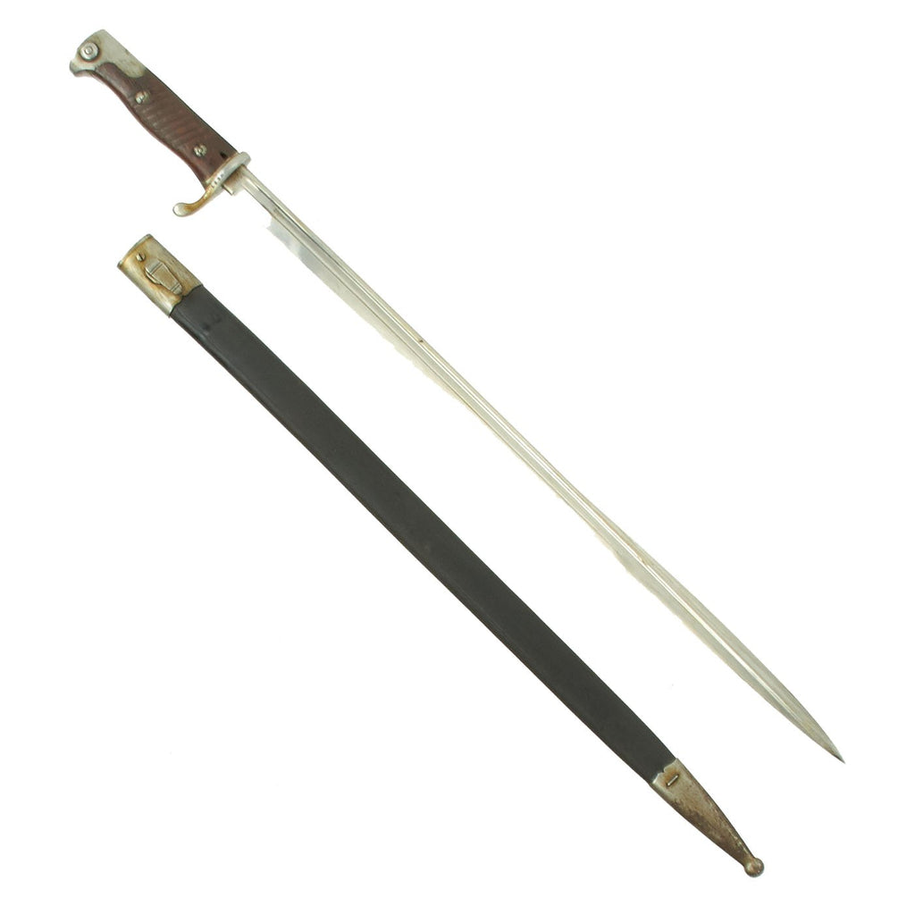 Original German WWI M1898 n/A Long GEW 98 Peruvian Contract Bayonet with Leather Scabbard - c.1909 Original Items