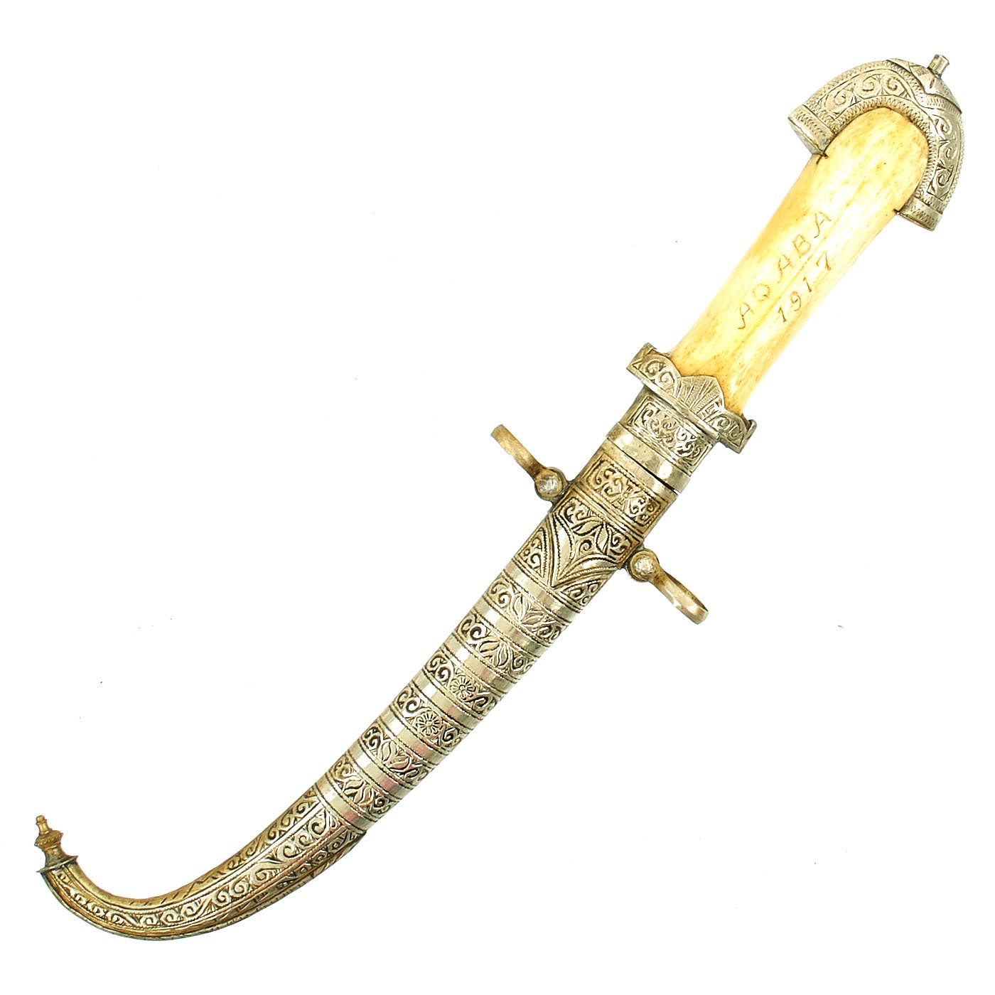 Original WWI Arabian Silver-clad Jambiya Dagger with Scabbard and