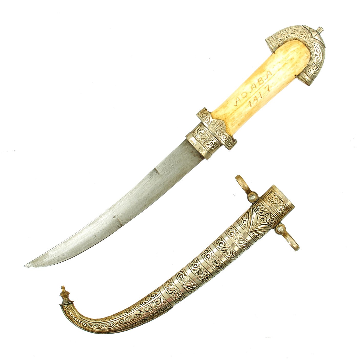 Original WWI Arabian Silver-clad Jambiya Dagger with Scabbard and
