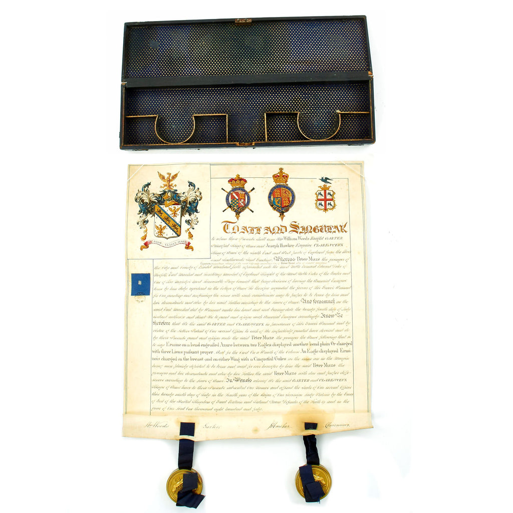 Original British 1840 Cased Arms Document Awarded by Queen Victoria to Peter Maze Esquire of Bristol Original Items