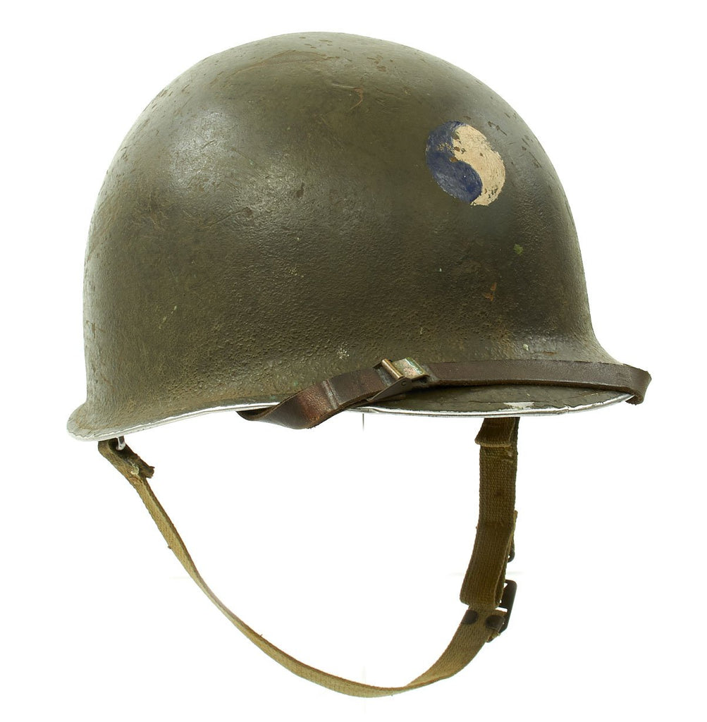 Original U.S. WWII 29th Division 1942 M1 McCord Fixed Bale Front Seam Helmet with Westinghouse Liner Original Items