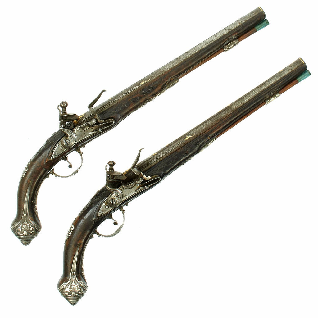 Original Pair of Italian Silver Mounted Flintlock Pistols marked by the Chinelli Family of Gardone c. 1700 Original Items