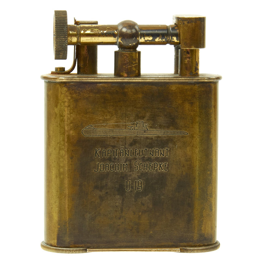 Original German WWII Kriegsmarine Brass Cigarette Table Lighter Named to Captain of U-19 - dated 1940 Original Items