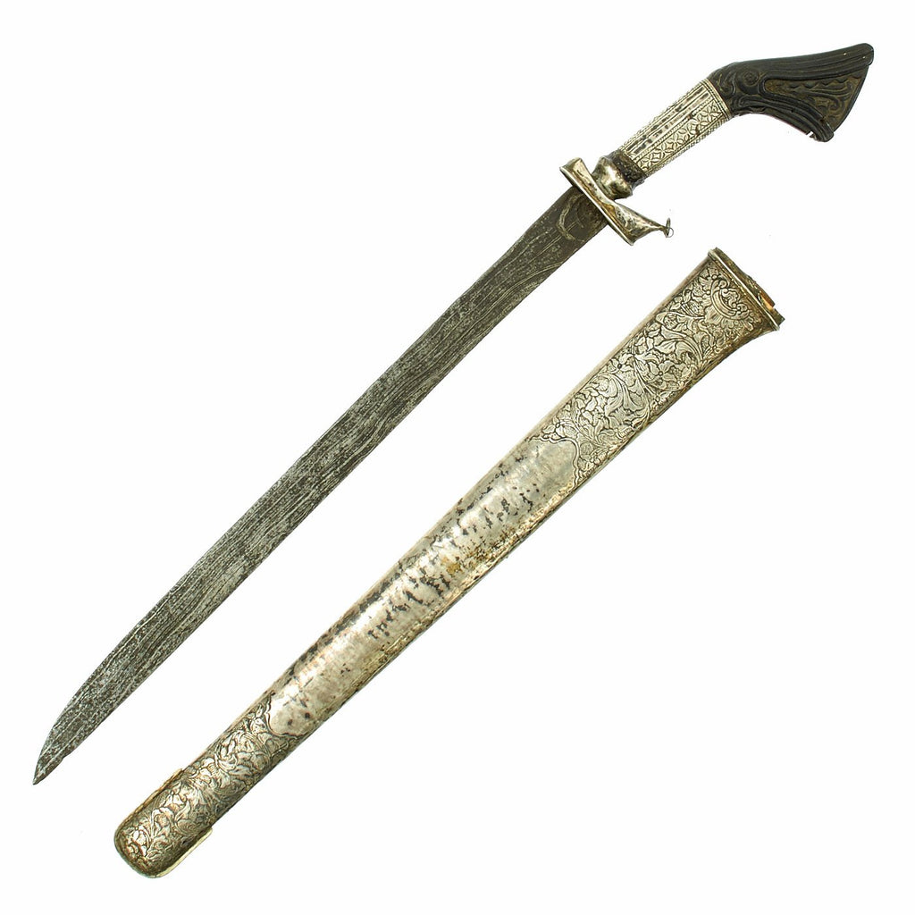 Original 19th Century Malaysian Silver Mounted Klewang Sword with Embossed Silver Covered Scabbard Original Items