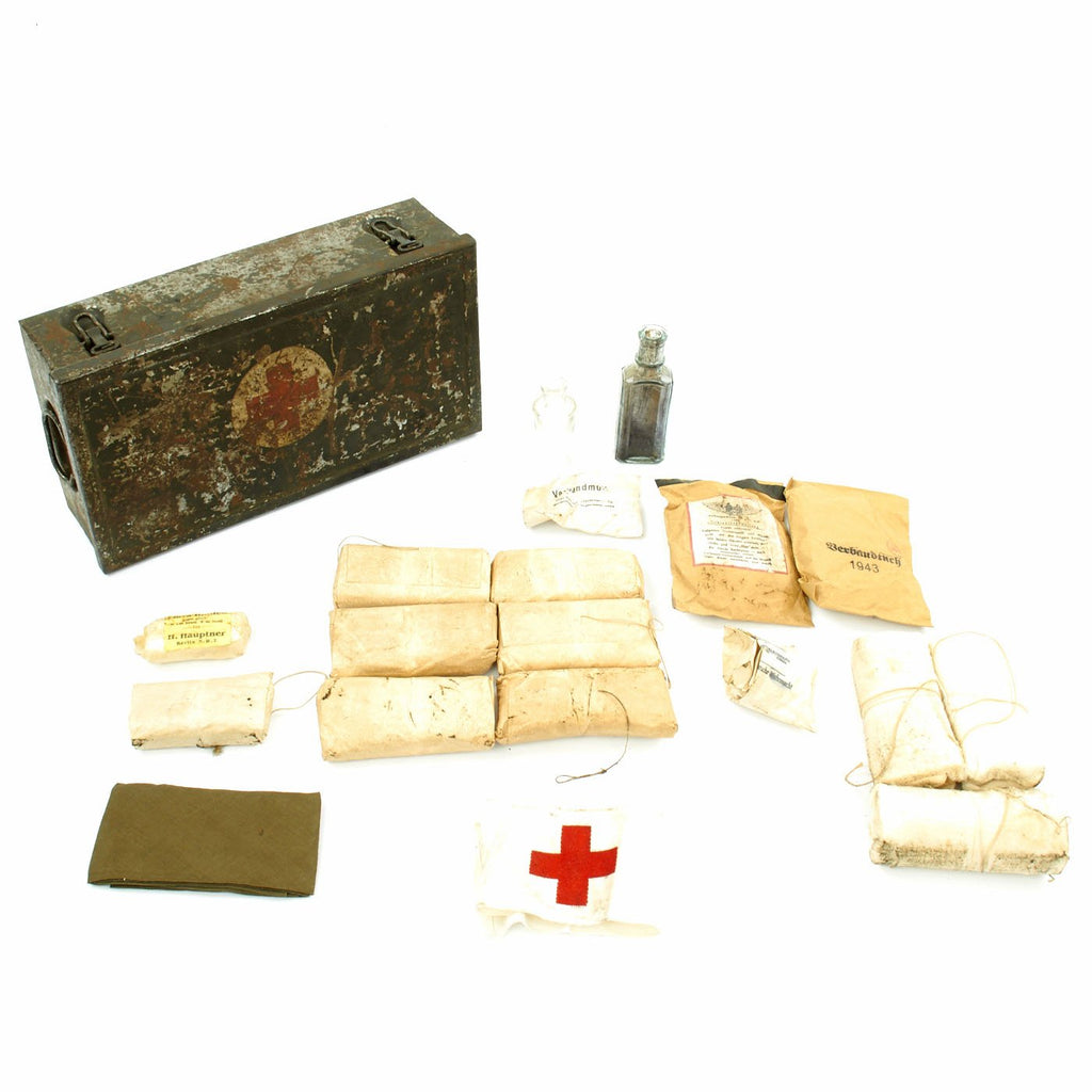 Original German WWII Verbandkasten Medic First Aid Set in Steel Chest with Dated Contents and Medic Armband Original Items