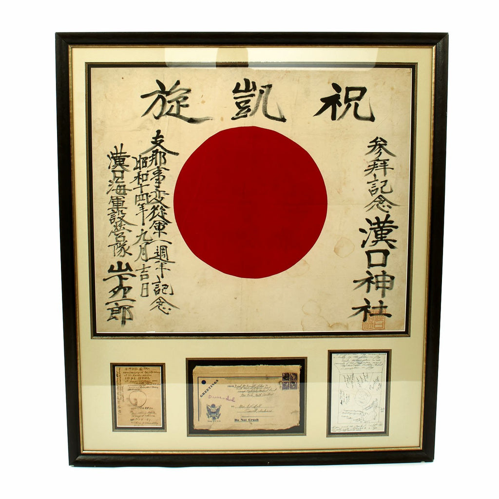 Original Japanese WWII Framed Hand Painted Good Luck Flag with Bring Home Envelope and Translation Original Items