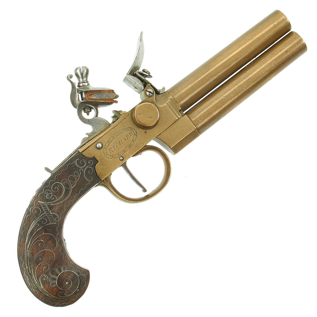 Original British Over & Under Flintlock Double Barrel Brass Tap Action Pistol by Richard of London c. 1780 Original Items