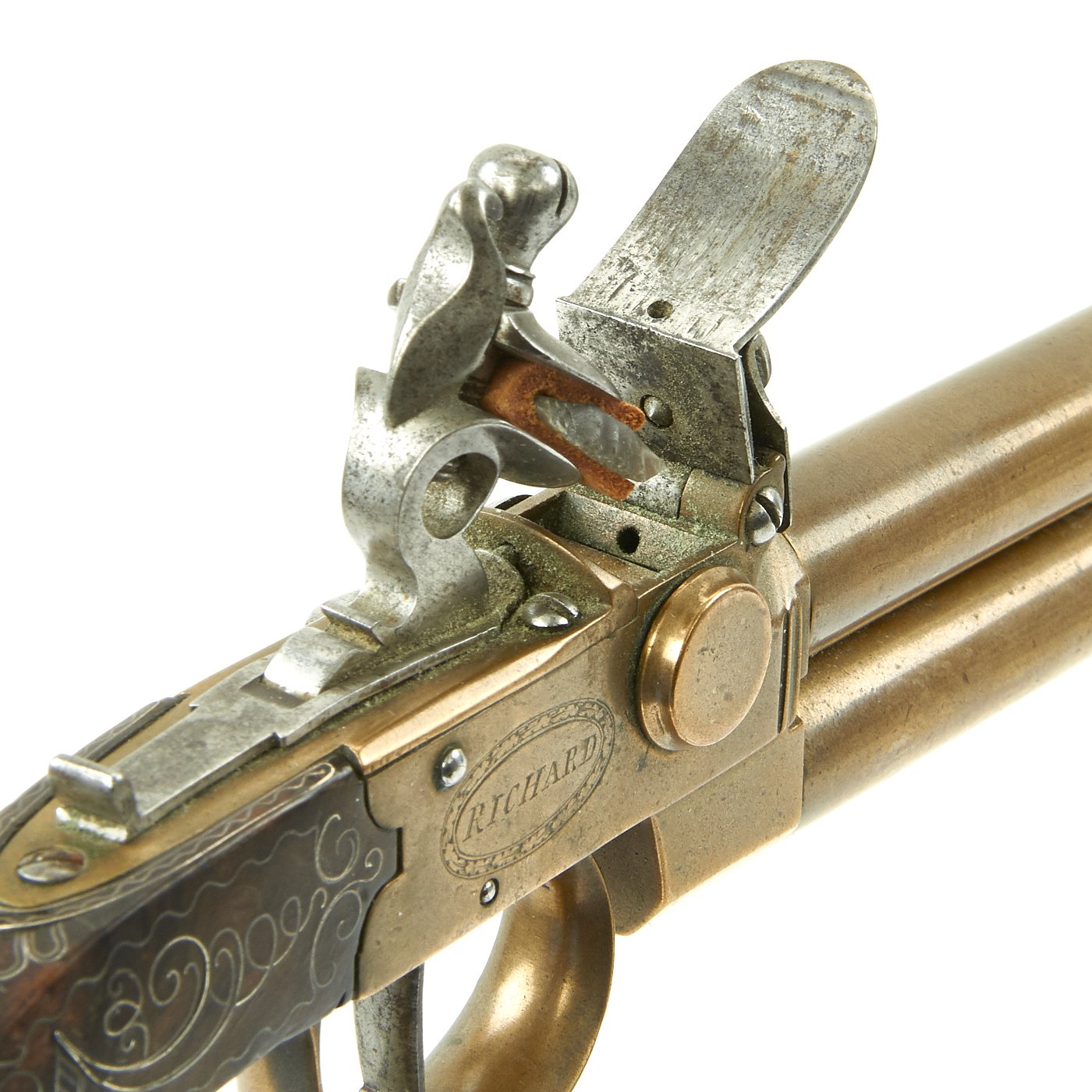 Original British Over & Under Flintlock Double Barrel Brass Tap Action ...