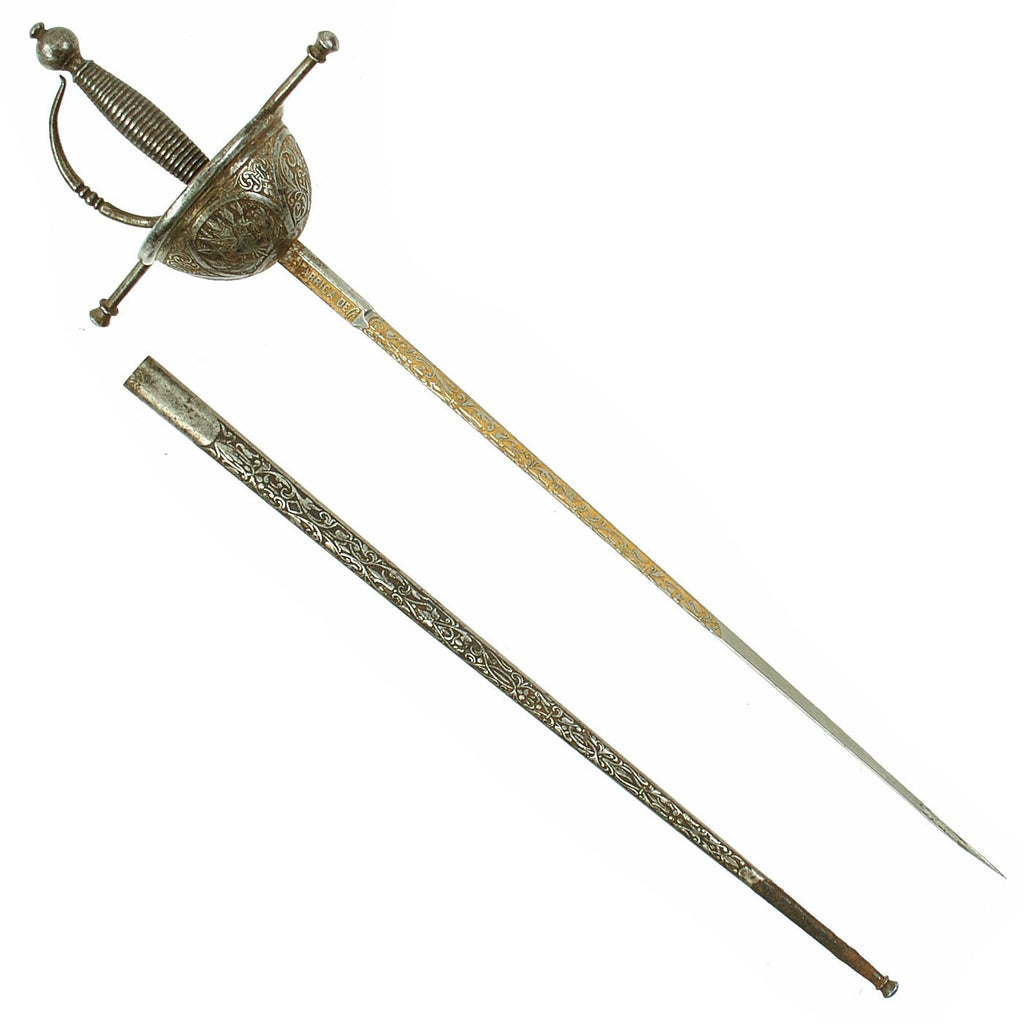 Original Late 19th Century Spanish Miniature Toledo made Cup Hilt Rapier with Engraved Gold Inlaid Blade Original Items