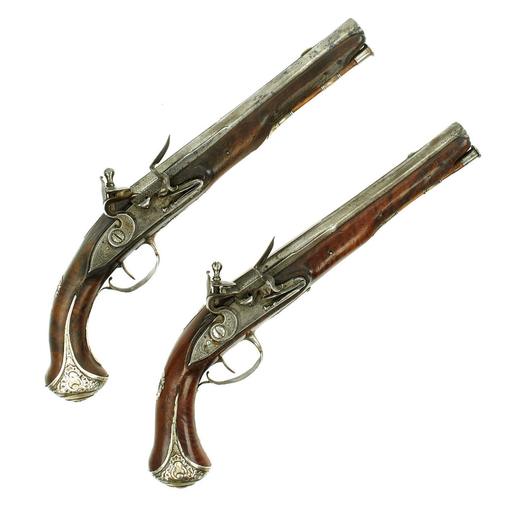 Original French Pair of Silver Mounted Flintlock Pistols by Jean Sout marked to Québec Owner c. 1760 Original Items