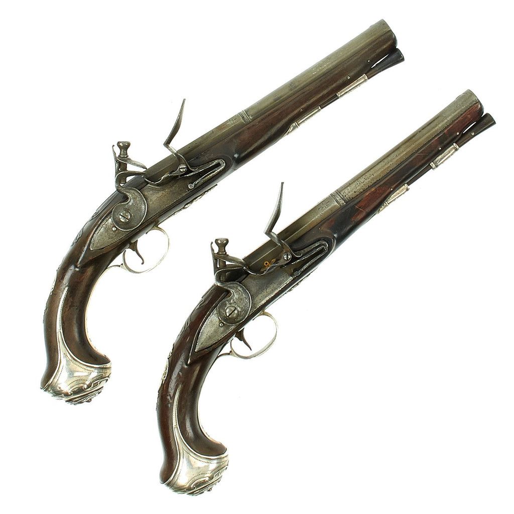 Original British Revolutionary War Era Sterling Silver Mounted and Hallmarked Flintlock Pistols by Thomas Bate - Circa 1771 Original Items