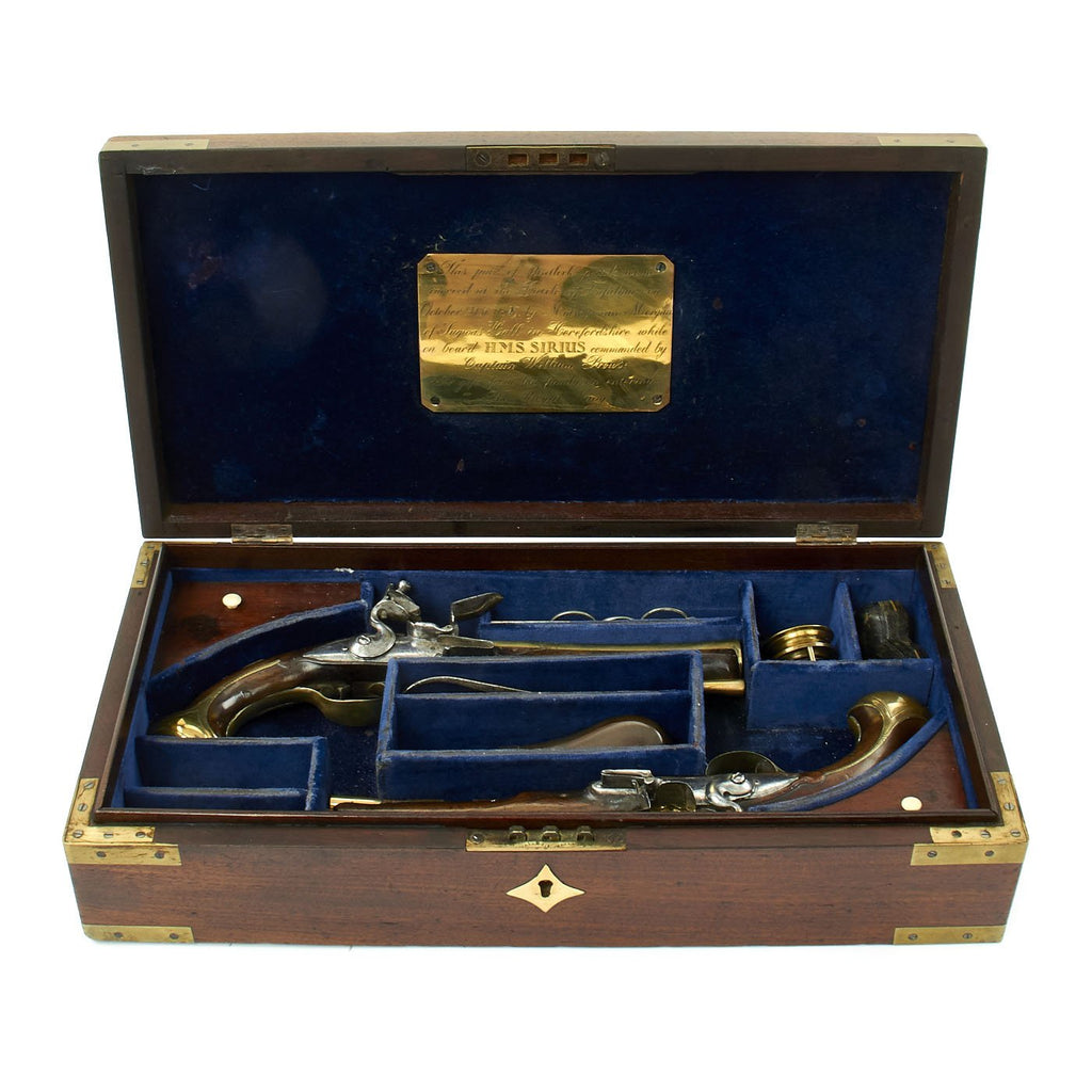 Original British Cased Pair of Flintlock Blunderbuss Pistols by Buckmaster of London Carried at Trafalgar by Named Midshipman Original Items