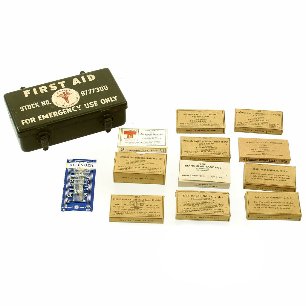 Original U.S WWII Jeep Emergency First Aid Kit 12 Unit - Complete Unissued Original Items