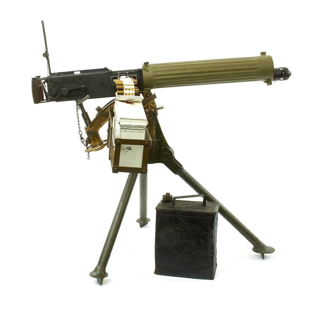 Original British WWI Fluted Jacket Vickers Display Machine Gun with 1918 Dated Tripod and Accessories Original Items
