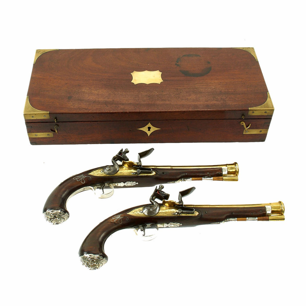 Original French and Indian War Seven Years War British Pair Brass Barrel Silver Mounted Flintlock Blunderbuss Pistols by Grice of London Original Items