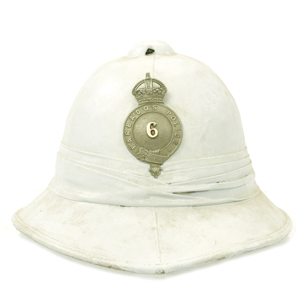 Original British WWII King’s Crown marked Barbados Police White Pith Helmet with Puggaree Original Items
