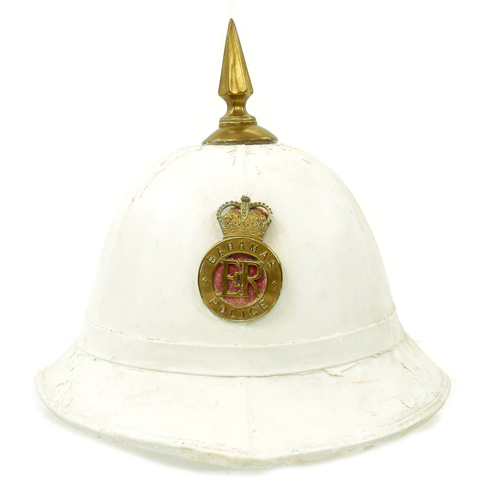 Original British Post-1953 Brass Spike Top EIIR marked Bamahas Police White Pith Helmet Original Items
