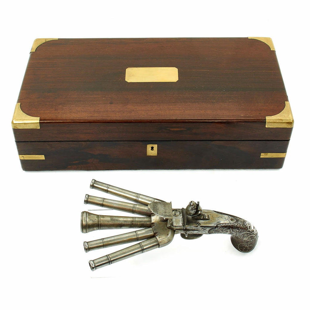 Original British Cased Duck's Foot Flintlock Pistol by Bunney of London with Central Blunderbuss Barrel & Accessories Original Items