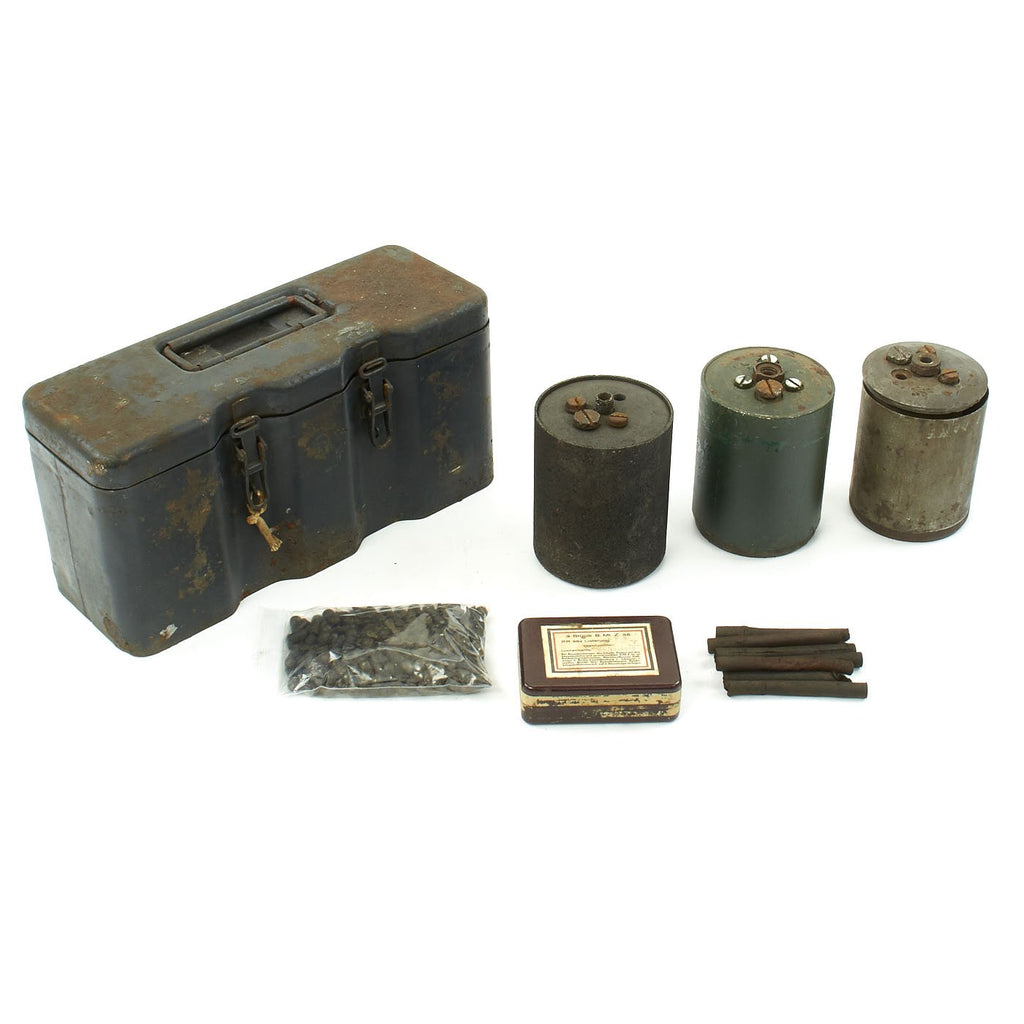 Original WWII Set of Three German Bouncing Betty S-Mines in Transit Chest with Fuses in Bakelite Case Original Items