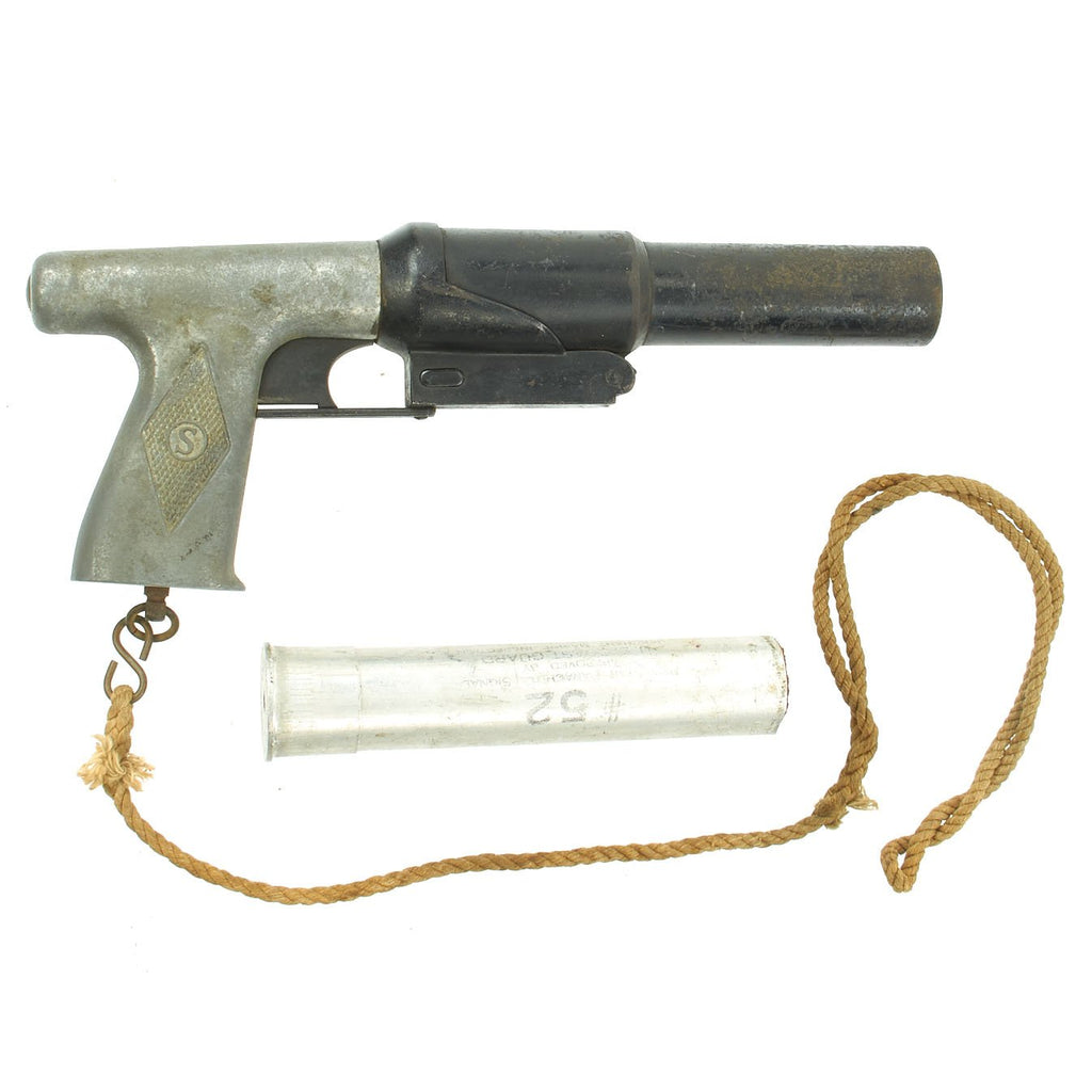 Original WWII U.S. Coston-Sedgley 37mm Parachute Flare Signal Pistol with Lanyard and 1943 Dummy Flare Original Items