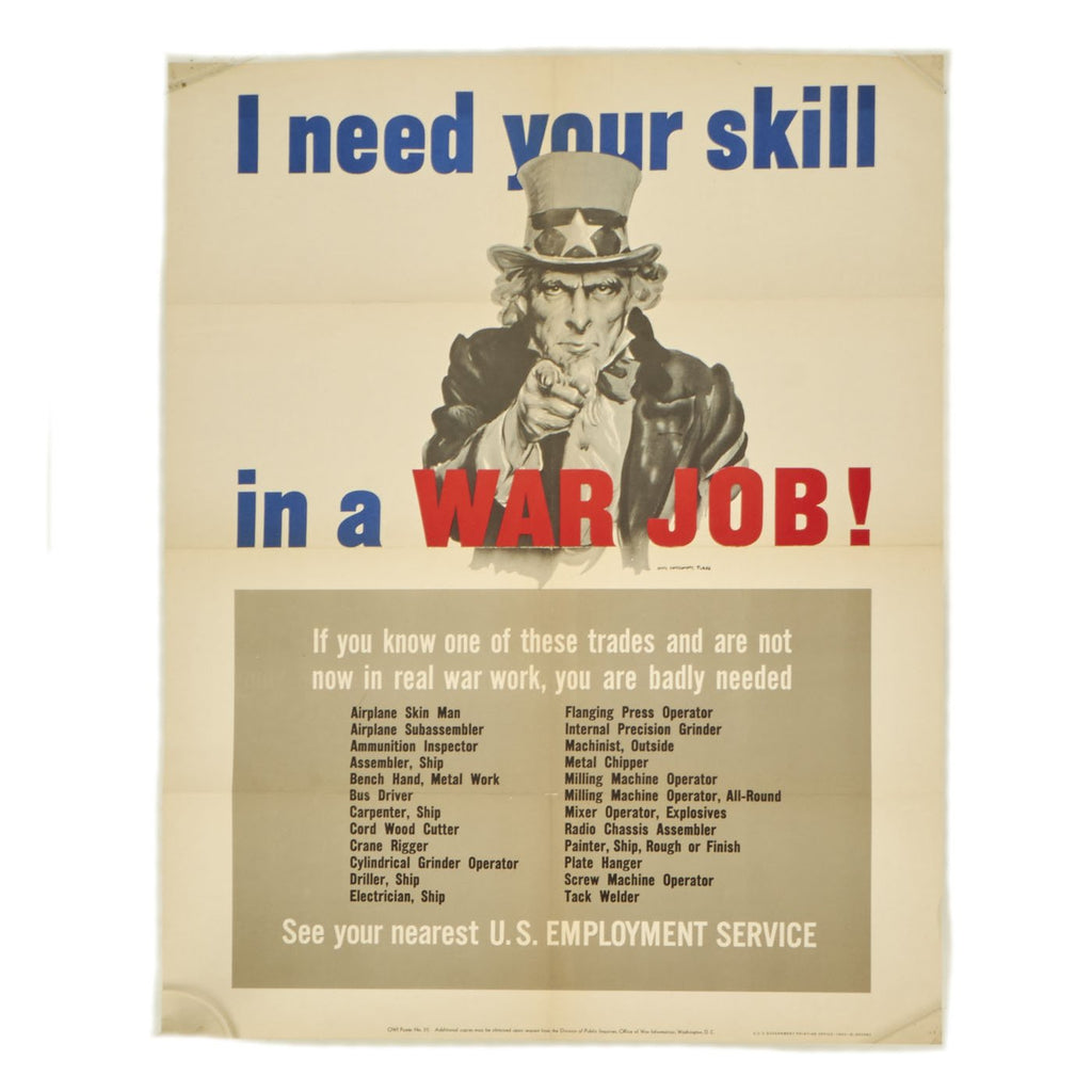 Original U.S. WWII Uncle Sam I Need Your Skill in a War Job OWI No. 25 Poster Original Items