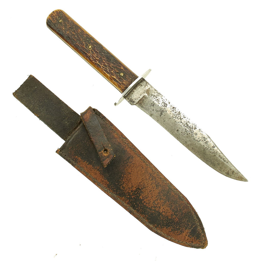 Original U.S. WWII Era Small Bowie Knife by Kinfolks with Jigged Bone Handle and Leather Scabbard Original Items