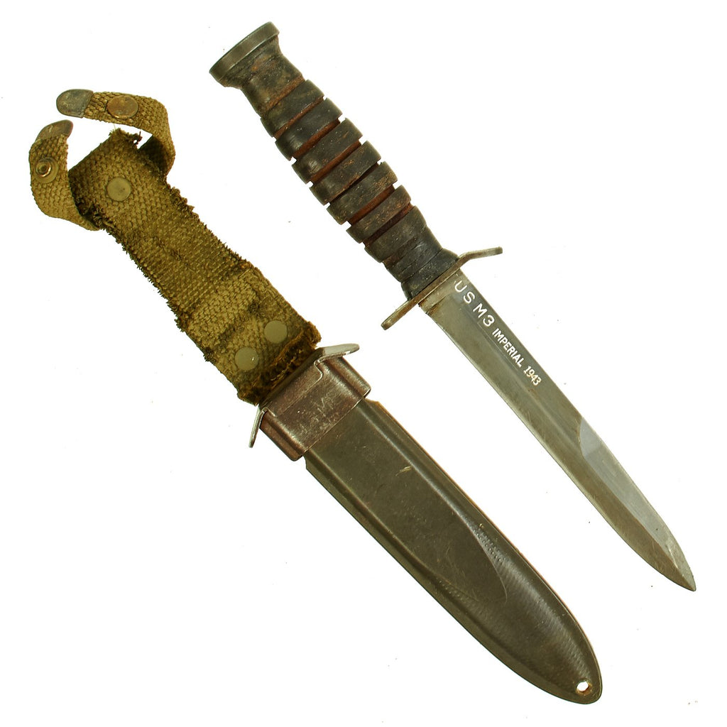 Original U.S. WWII 1943 dated Blade Marked M3 Fighting Knife by Imperial Knife Co. with M8 Scabbard Original Items