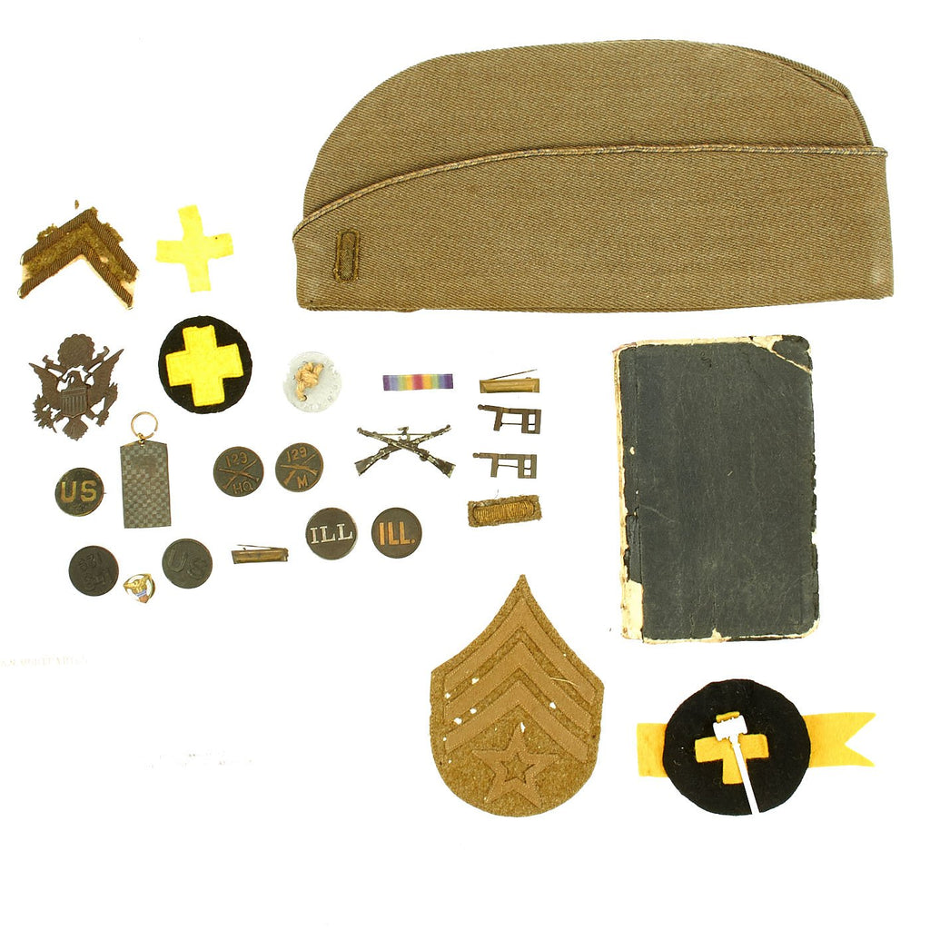 Original U.S. WWI Named 129th Infantry Regiment Diary - Insignia - Garrison Cap Grouping Original Items