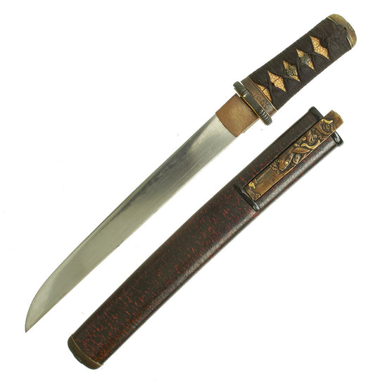 Original Japanese Tanto Short Sword with Kogatana Knife and Decorative Lacquered Scabbard - Handmade Blade Original Items