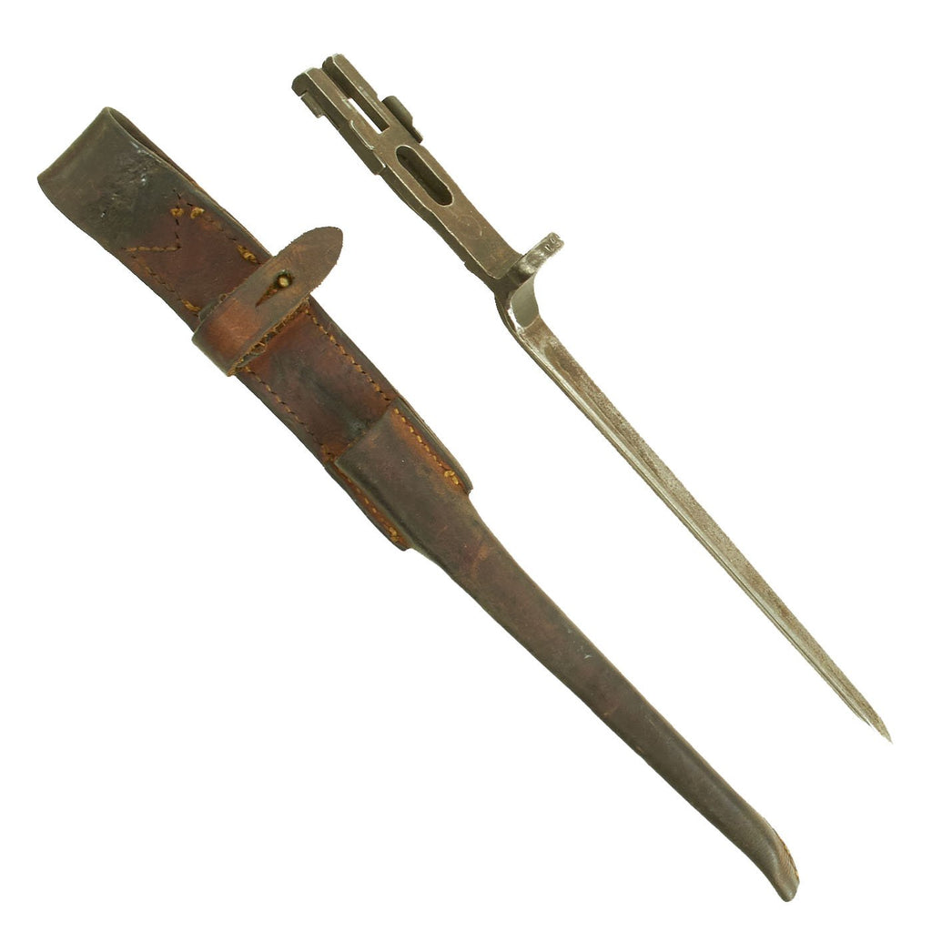 Original U.S. WWII Rare M1941 Johnson Rifle Spike Bayonet with Leather Scabbard Original Items