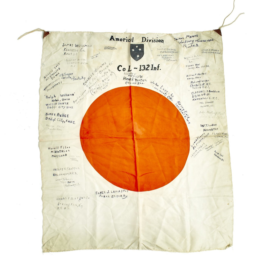 Original Japanese WWII Guadalcanal Captured USGI Signed Silk "Meatball" Flag - 132nd Infantry Regiment Original Items