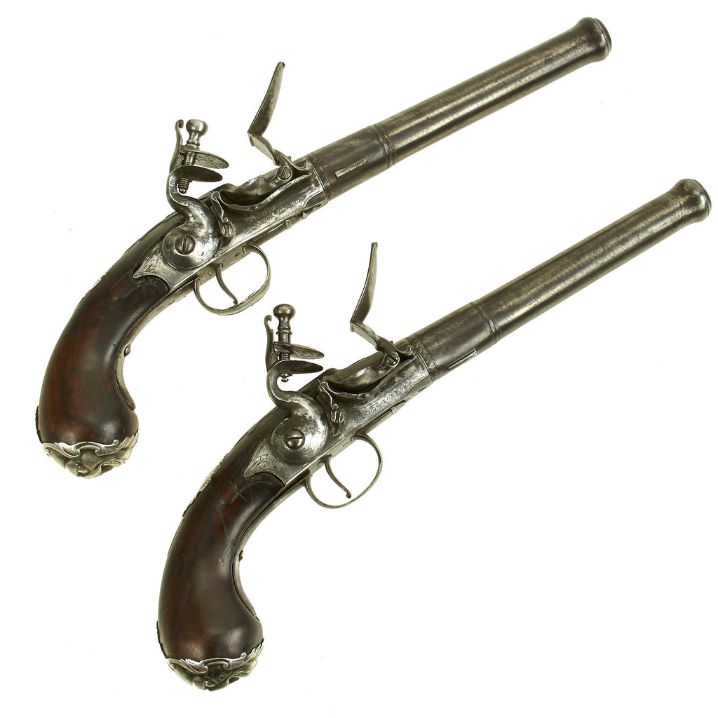 Original British Early 18th Century Queen Anne Flintlock Silver Mounted Pistol Pair by Gandon of London - American Revolutionary War Officer Pistols Original Items